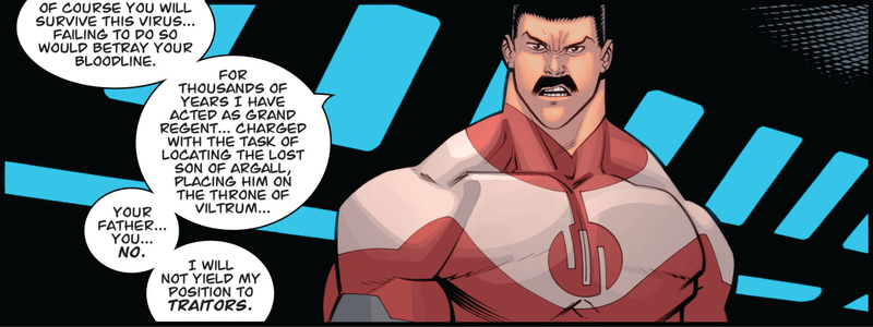 Panel from Invincible comic showing Thragg explaining to an unconscious Mark Grayson his lineage.