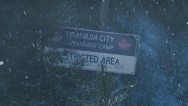 Uranium City Internment Cap sign in Fallout Season 2.