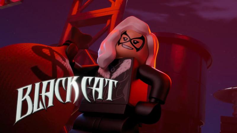 Black Cat posing with a bag of money in LEGO Avengers: Strange Tails