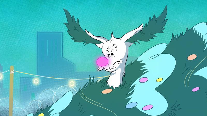 Krypto looking beaten up sitting inside a Christmas tree in Krypto Saves the Day!