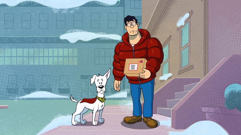 Superman and Krypto standing on a street with a package in Krypto Saves the Day!