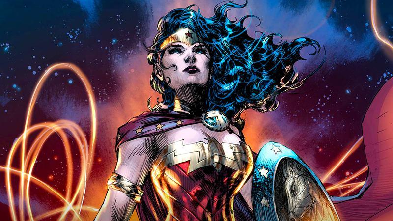 Wonder Woman looking to the sky in her full costume in DC Comics