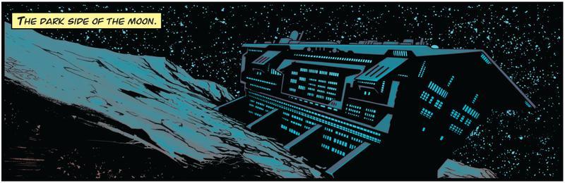 Panel from Invincible comic showing Viltrumite warship on Earth's moon.