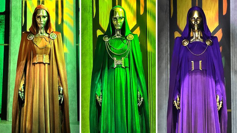 Latverian witches costumes in gold, green, and purple from 'Avengers: Doomsday' display at San Diego Comic-Con.