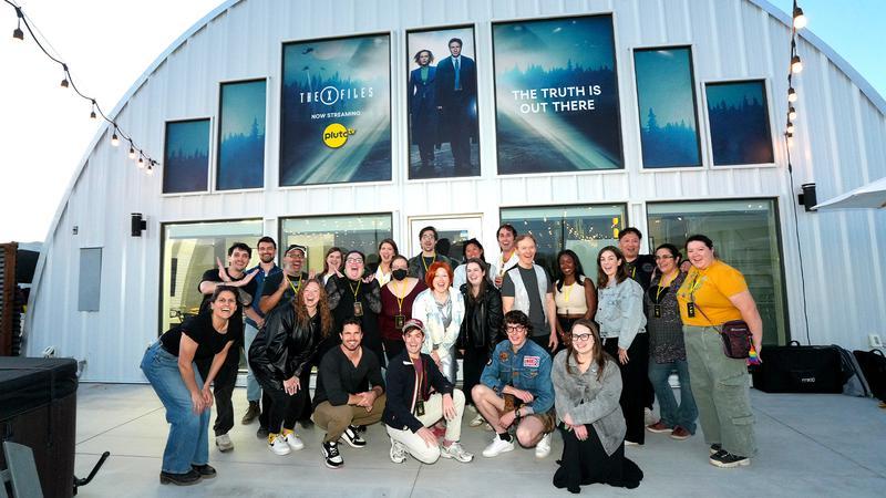 Press, Robbie Amell, and Molly Hottle celebrating X-Files on Pluto TV.