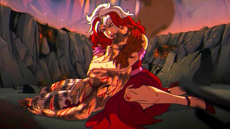 Rogue holding Gambit's dead body.