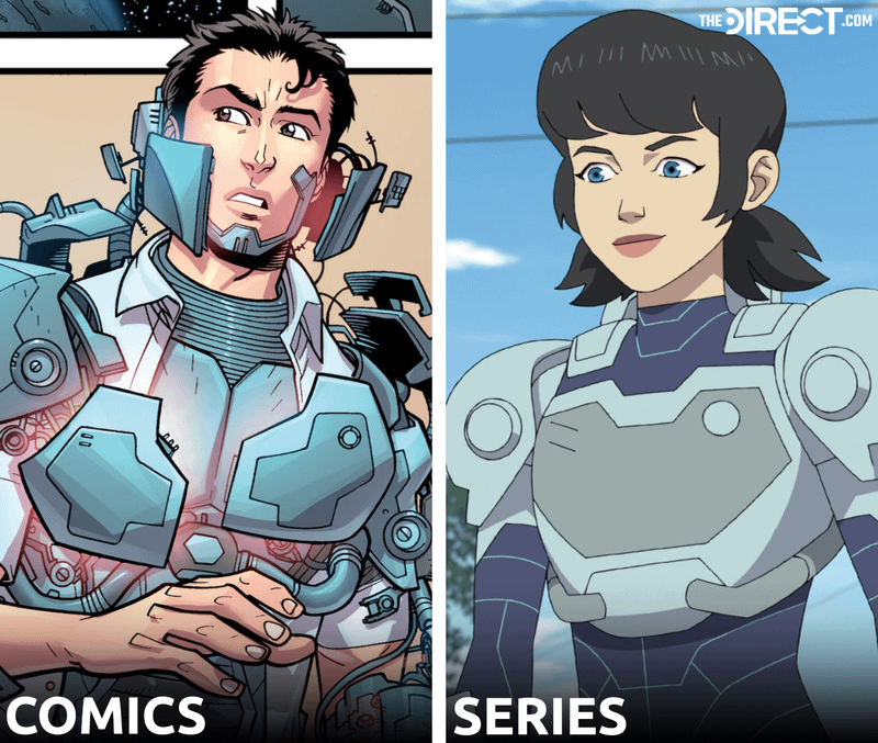 Comparison between an unmasked Tech Jacket in the comics and series.
