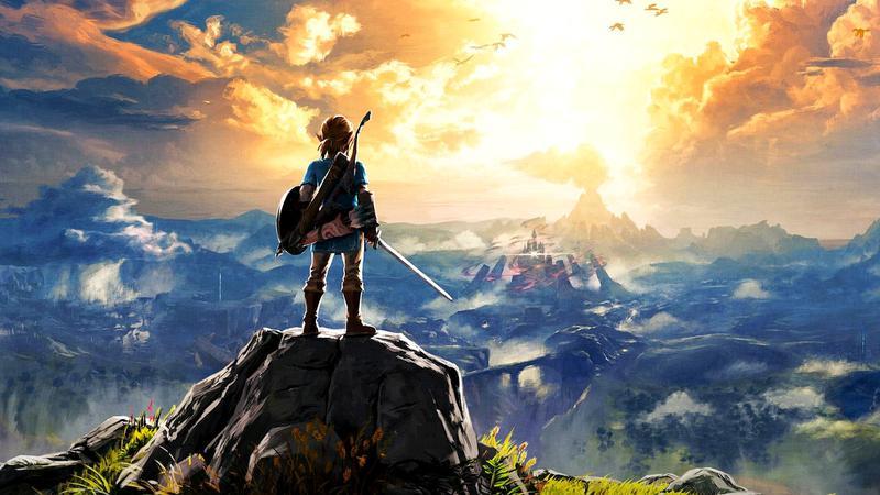 Link standing on a cliff and looking at a castle in The Legend of Zelda: Breath of the Wild