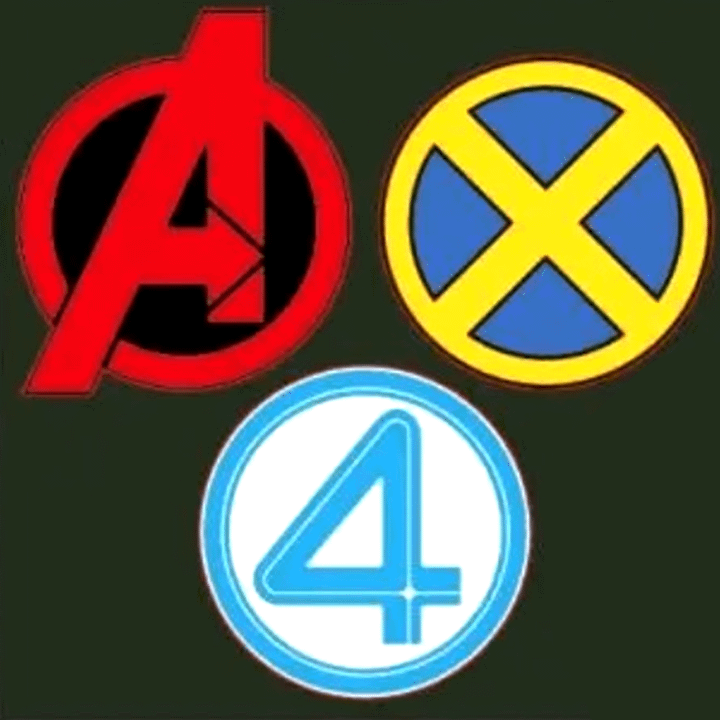 The Avengers, X-Men, and Fantastic Four logos.