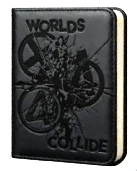 The Avengers, X-Men, and Fantastic Four logos crashing into each other on a book that says 