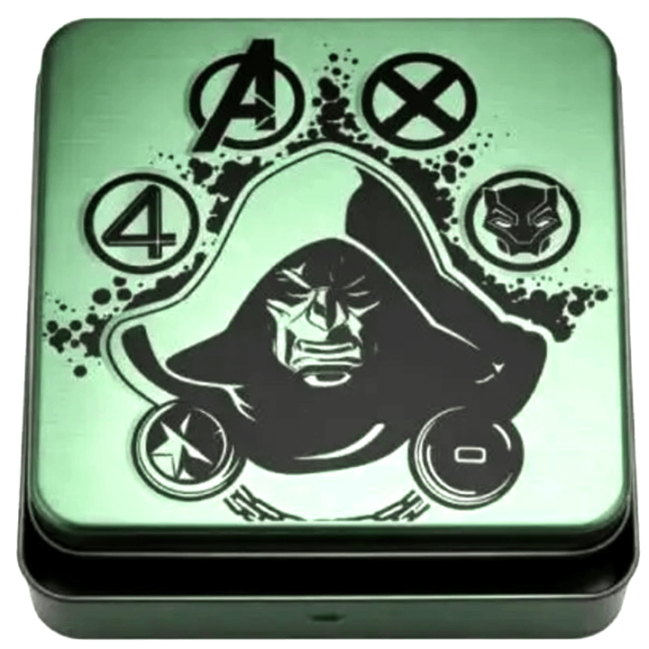 The Fantastic Four, Avengers, X-Men, Black Panther, and Doctor Doom logo on a green tin box.