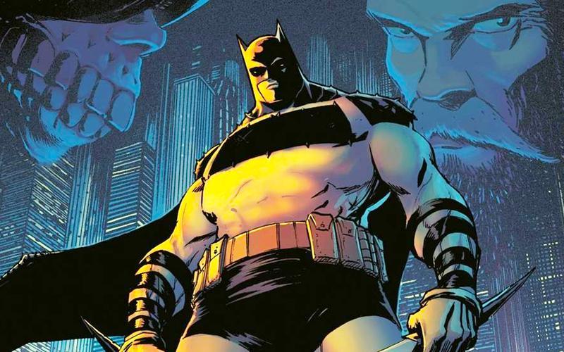 Absolute Batman in DC Comics in front of Gotham.