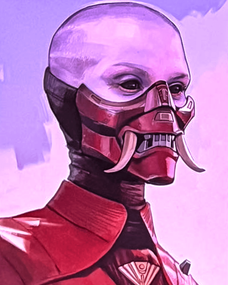 Nigh Sister in a red face mask with tusks.