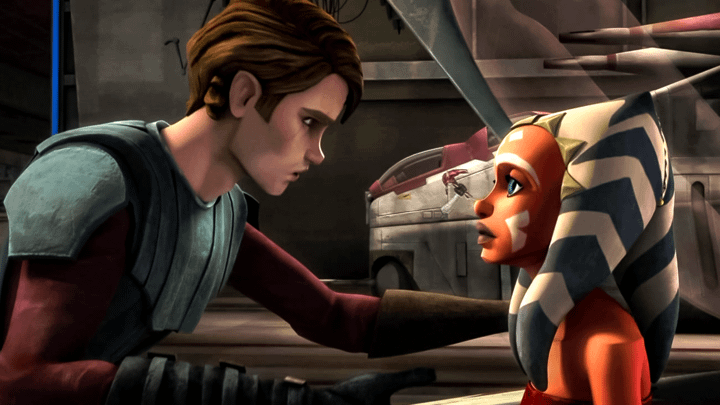 Anakin Skywalker putting his hand on Ahsoka Tano's shoulder and talking to her in The Clone Wars.