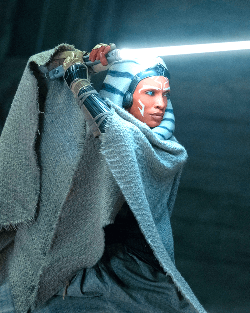 Ahsoka Tano with her lightsaber and white robes in Ahsoka Season 2.
