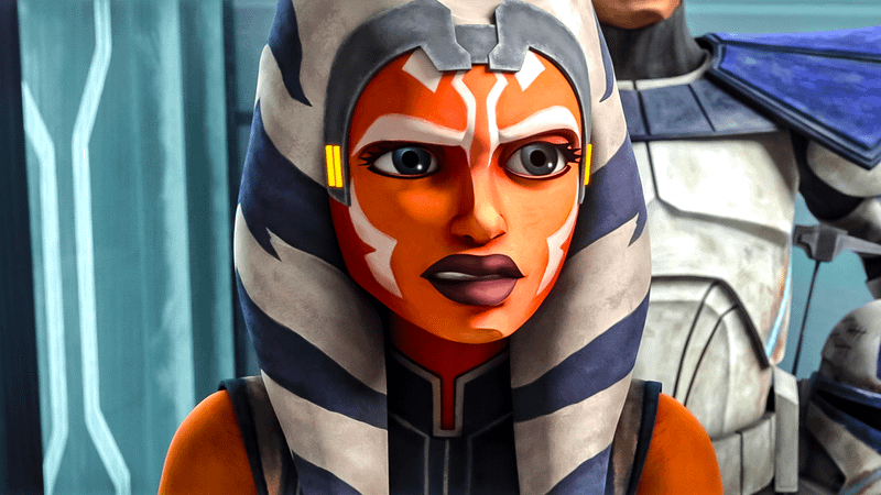 Ahsoka Tano with a look of distress in a Clone Wars episode.