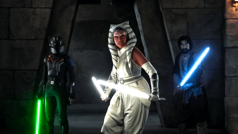 Natashia Liu Bordizzo as Sabine Wren, Rosario Dawson as Ahsoka Tano, and Eman Esfandi as Ezra Bridger in 'Ahsoka.'