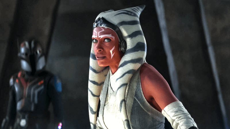 Rosario Dawson as Ahsoka with Sabine Wren standing behind her.