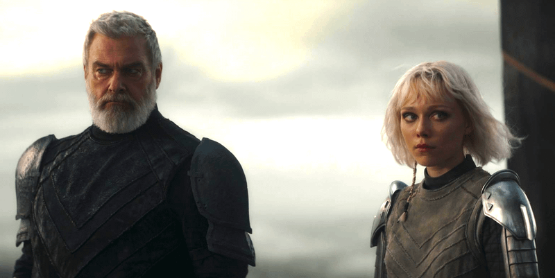 Ray Stevenson as Baylan Skoll and Ivanna Sakhno as Shin Hati standing next to one another in Ahsoka Season 1
