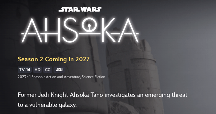 Star Wars Ahsoka page on Disney+.