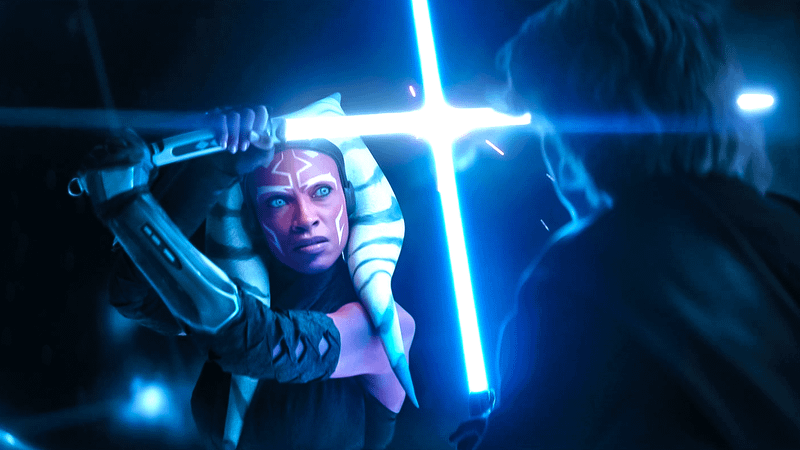 Rosario Dawson as Ahsoka clashes blades with Hayden Christensen as Anakin in Ahsoka.