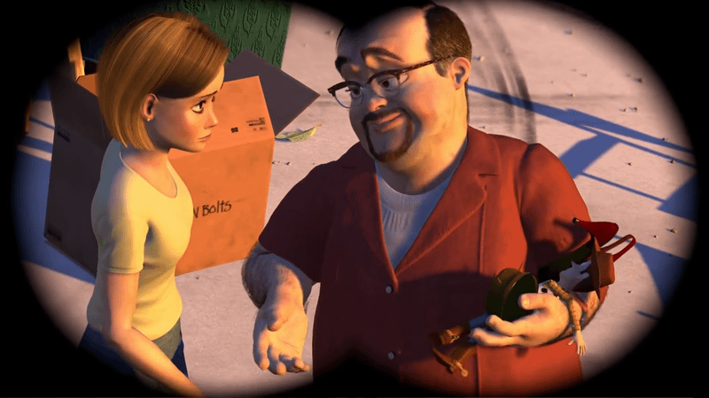 Al from Al's Toy Barn stealing Woody in Toy Story 2.