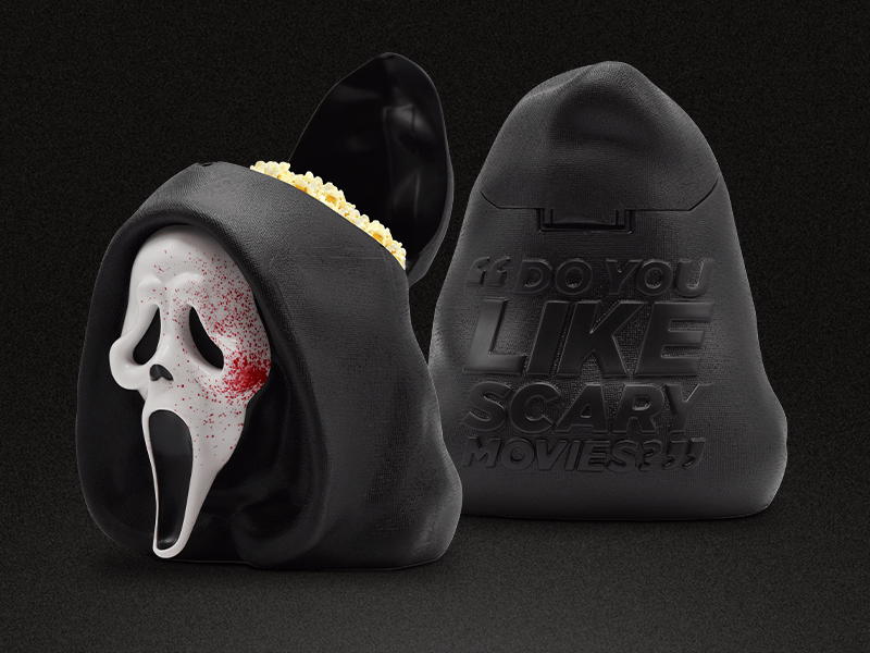 Alamo's scary Ghostface popcorn bucket.