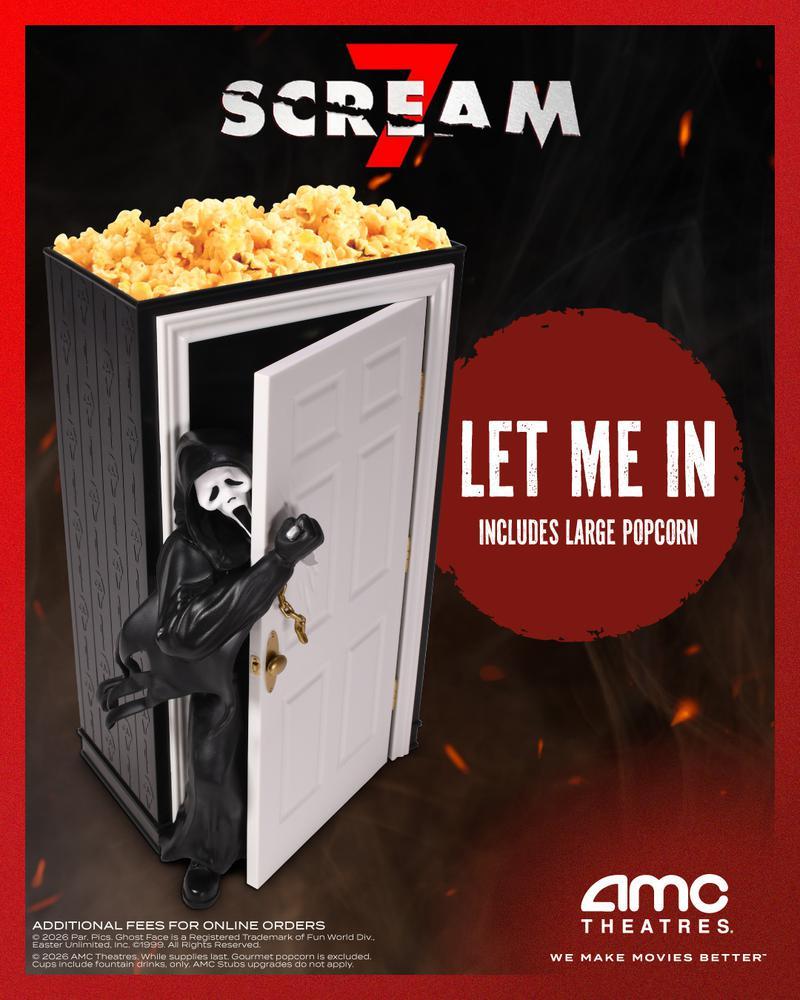 AMC's Scream 7 popcorn bucket showing Ghostface entering the bedroom.