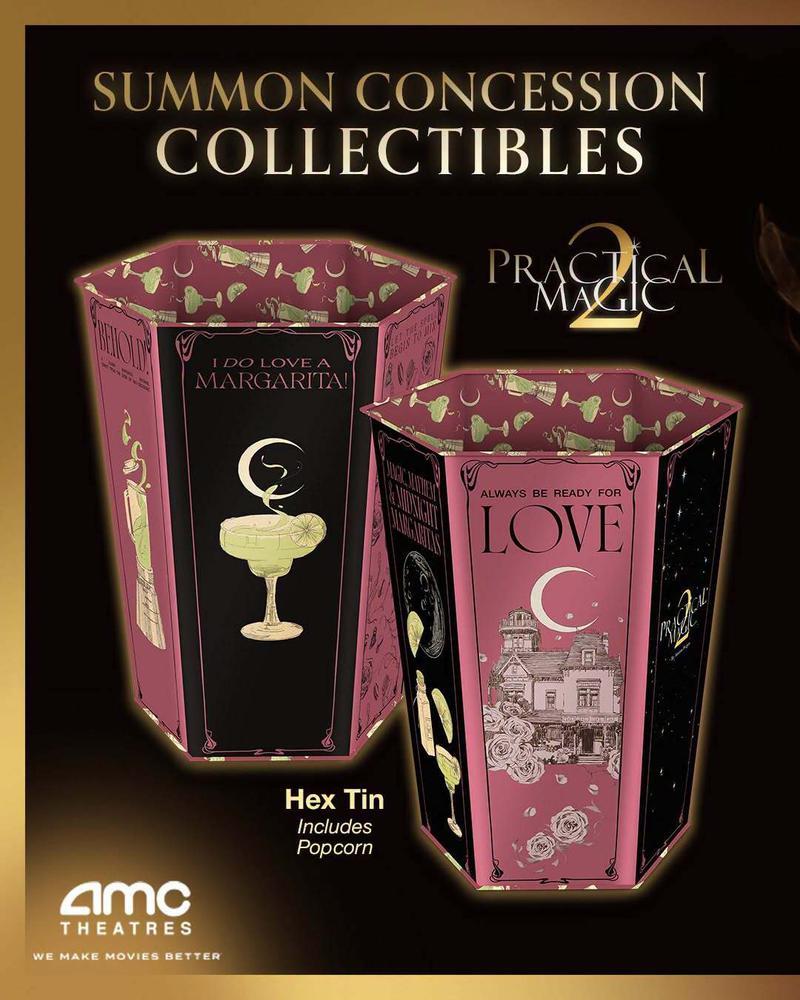 Ad for AMC hex tin popcorn bucket for Practical Magic 2.