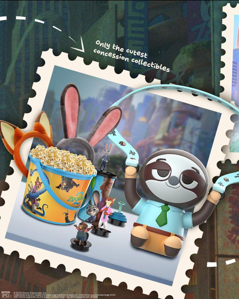 Popcorn buckets and drink containers/toppers for AMC, Zootopia 2