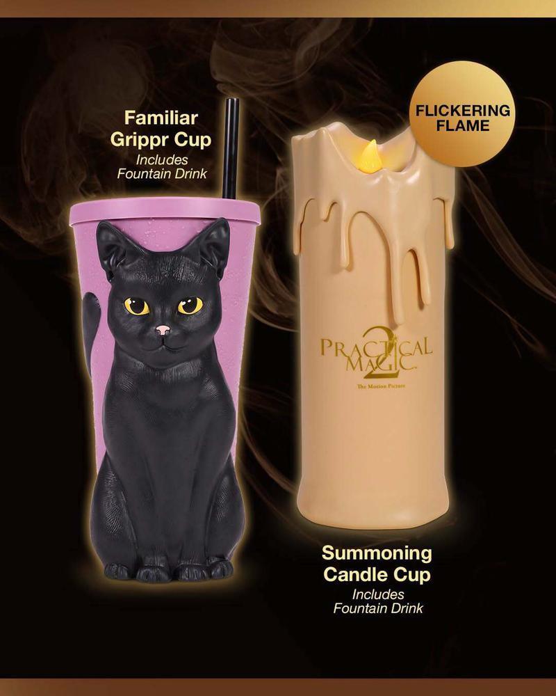 AMC ad for Familiar Grippr Cup with black cat and Summoning Candle cup for Practical Magic 2.