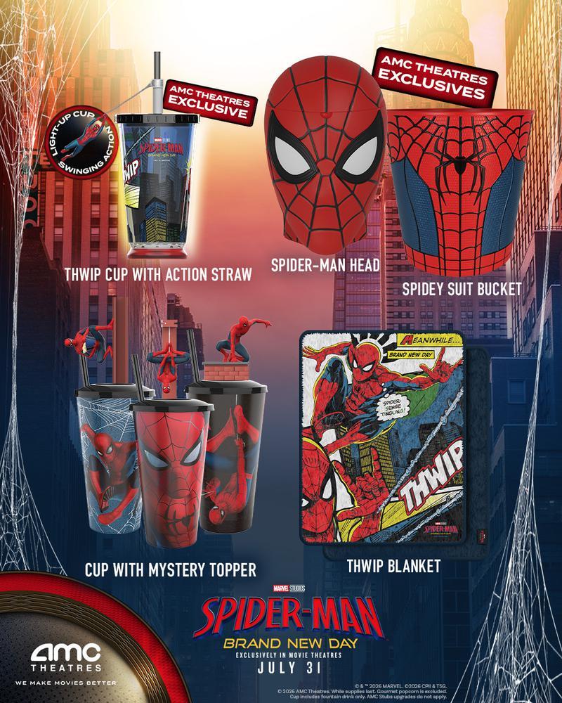 AMC's exclusive selection of Spider-Man popcorn buckets and Brand New Day collectibles.