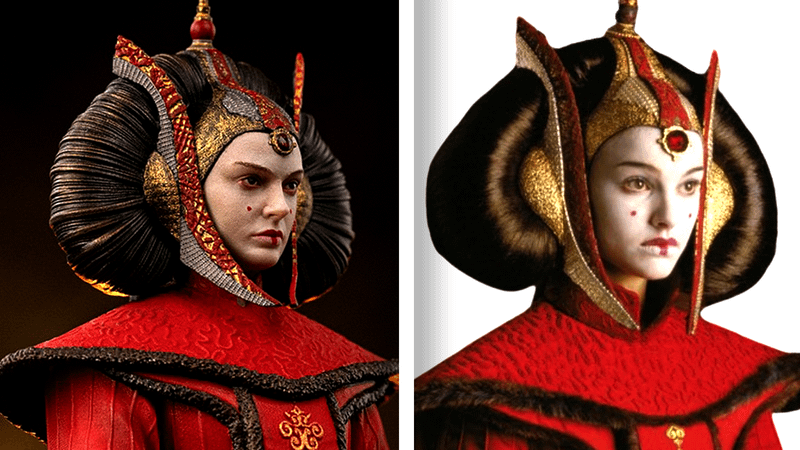 Queen Amidala statue compared with Natalie Portman as Queen Amidala in The Phantom Menace.