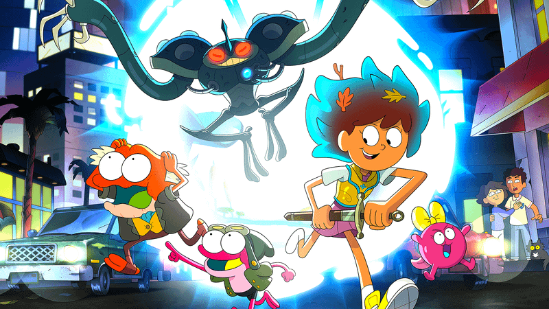 Amphibia key art with Anne running through a portal with several frog friends behind her