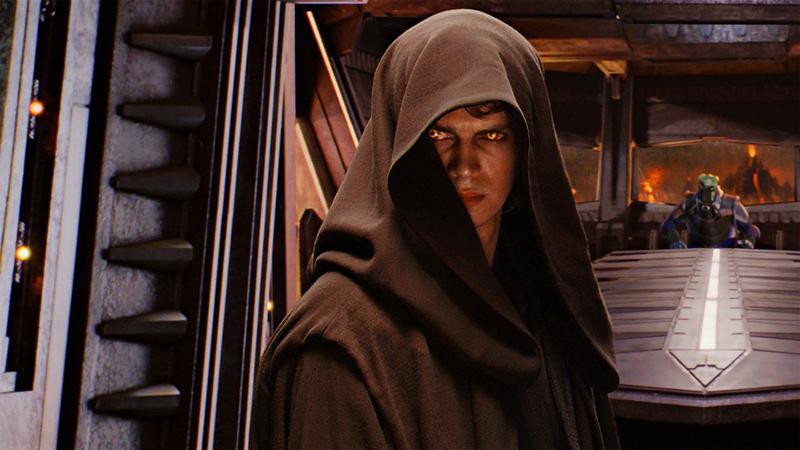 Anakin Skywalker with red Sith eyes and his hood up on Mustafar.