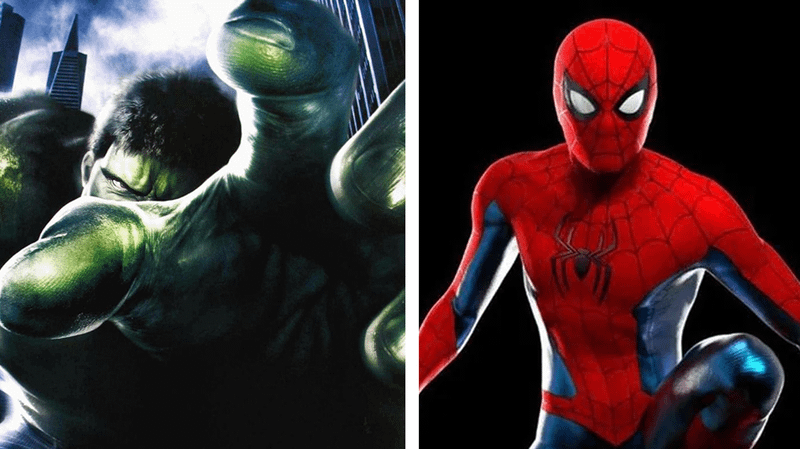 poster for 2003 Hulk movie, concept art for Spider-Man suit from Spider-Man: No Way Home.