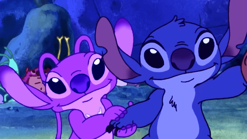 Angel and Stitch holding hands.
