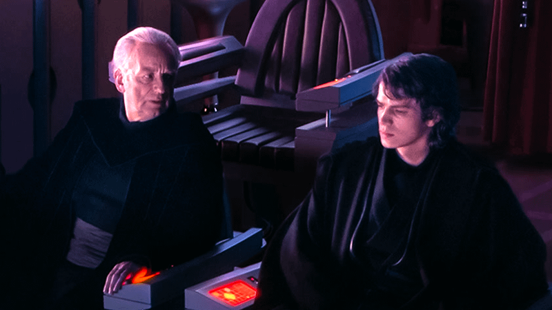 Palpatine sitting next to Anakin Skywalker in the Senate Chambers in Revenge of the Sith