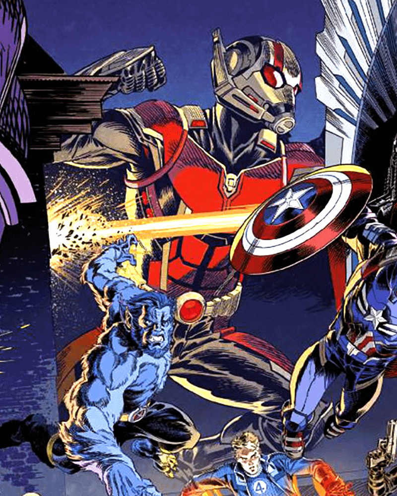 A giant-sized Ant-Man winding up to punch a Sentinel.