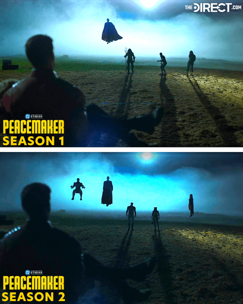 A comparison shot of the final conversation from Peacemaker Season 1 with the Justice League