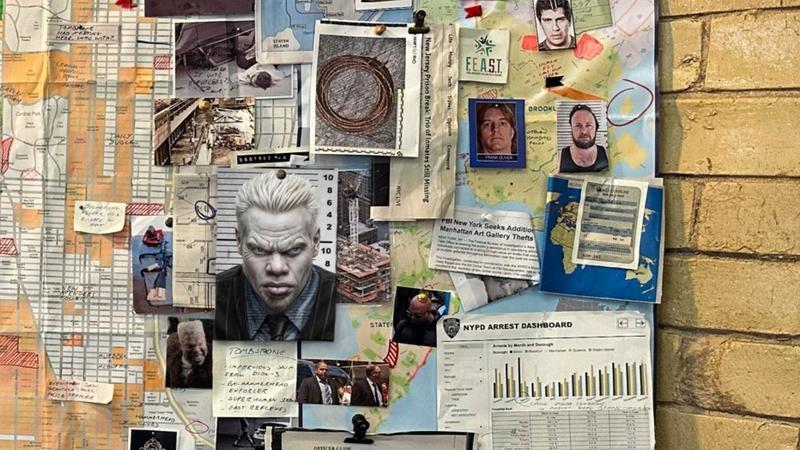 An article mentioning art thefts in New York from Peter Parker's villain board in Spider-Man: Brand New Day.