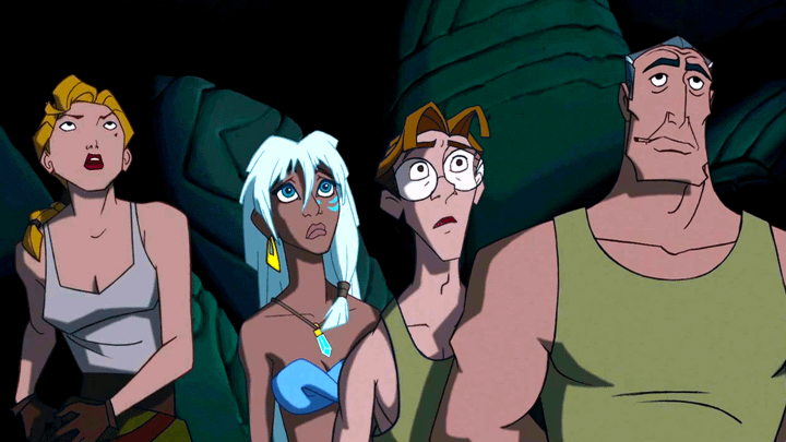Helga Sinclair, Princess Kidagakash, Milo Thatch, and Commander Lyle Rourke in Atlantis: The Lost Empire.