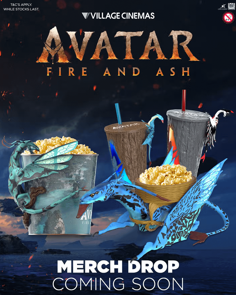 Avatar: Fire and Ash popcorn buckets and soda cups from Cineworld