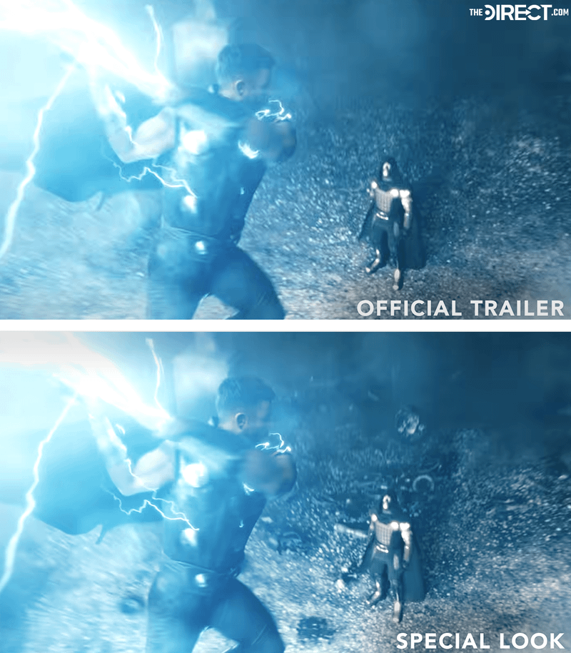 Comparing the Doomsday looks of Thor striking Doom.