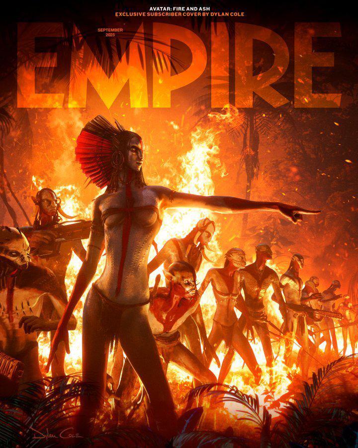Avatar 3 Empire cover of several Na'vi standing ready for battle with fire behind them