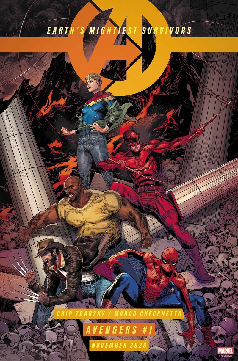 Captain Marvel, Spider-Man, Wolverine, Luke Cage, and Daredevil on the Avengers #1 cover.