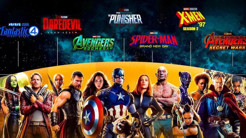 Picture of the Avengers under a slate with titles for 'The Fantastic Four: First Steps,' 'Daredevil: Born Again,' 'Avengers: Doomsday,' 'The Punisher,' 'Spider-Man: Brand New Day,' 'X-Men '97 Season 2,' 'Avengers: Secret Wars.'