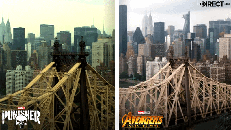 New York skyline in Avengers Infinity War versus Netflix The Punisher, Avengers Tower cut.