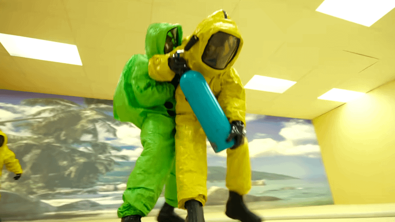 Async explorers in Hazmat suits in Backrooms movie.