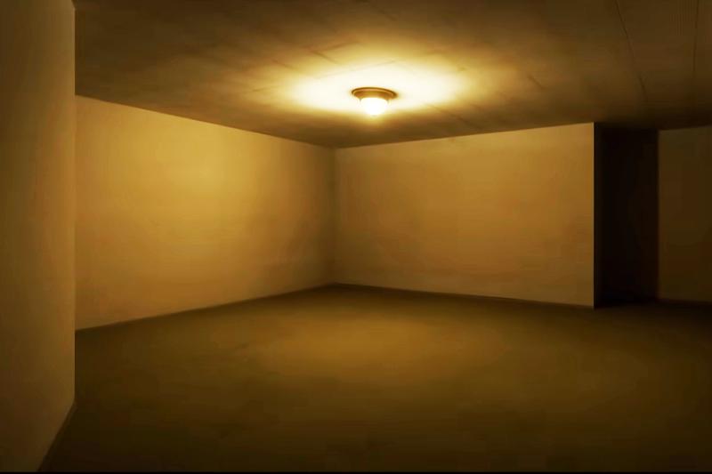 Dim lit room in A24 Backrooms.